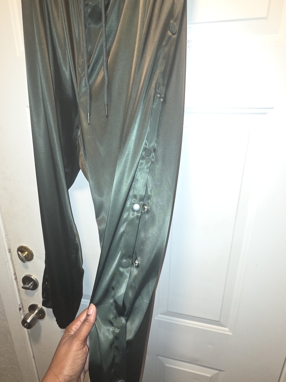 Women's Dark Olive Green Satin Track Pants with Side Snap Detail